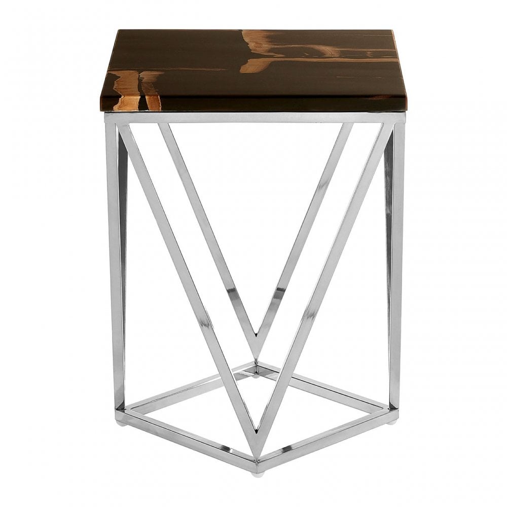 Artefacto Dark Petrified Wood Top Side Table, Petrified Wood, Stainless Steel, Brown