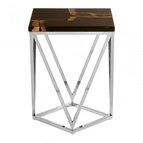 Artefacto Dark Petrified Wood Top Side Table, Petrified Wood, Stainless Steel, Brown