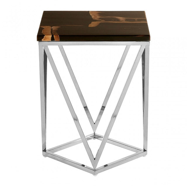 Artefacto Dark Petrified Wood Top Side Table, Petrified Wood, Stainless Steel, Brown
