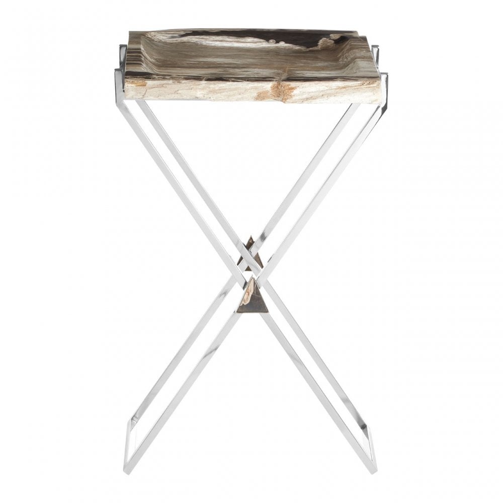 Artefacto Rectangular Side Table, Petrified Wood, Stainless Steel