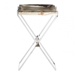 Artefacto Rectangular Side Table, Petrified Wood, Stainless Steel