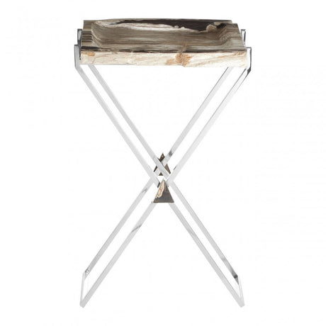 Artefacto Rectangular Side Table, Petrified Wood, Stainless Steel