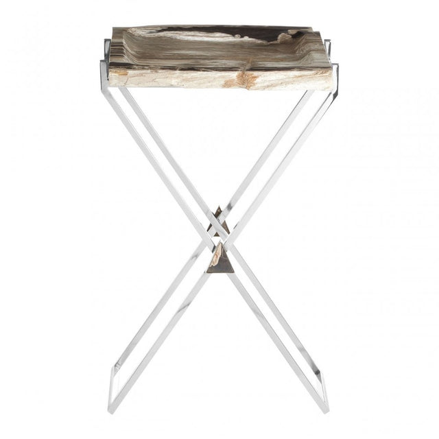 Artefacto Rectangular Side Table, Petrified Wood, Stainless Steel