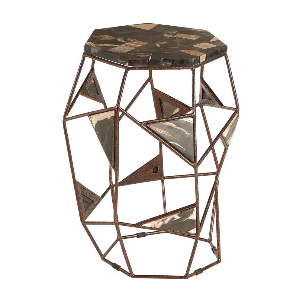Artefacto Side Table with Asymmetric Frame, Iron, Petrified Wood