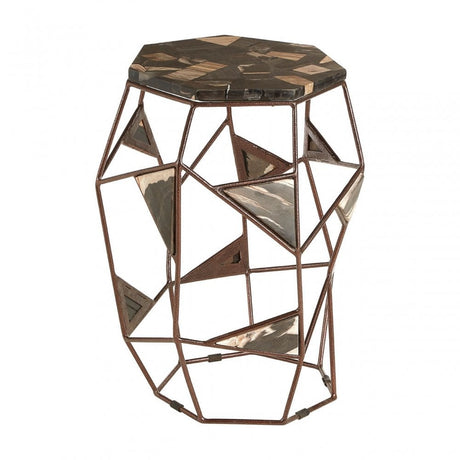 Artefacto Side Table with Asymmetric Frame, Iron, Petrified Wood