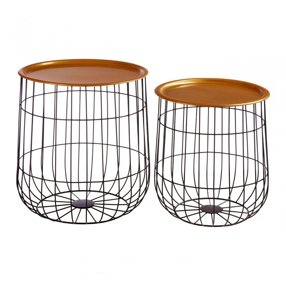 Set of 2 Black Wire Basket Tables, Metal, Brass