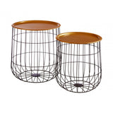 Set of 2 Black Wire Basket Tables, Metal, Brass