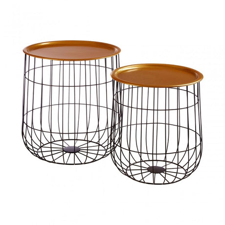 Set of 2 Black Wire Basket Tables, Metal, Brass