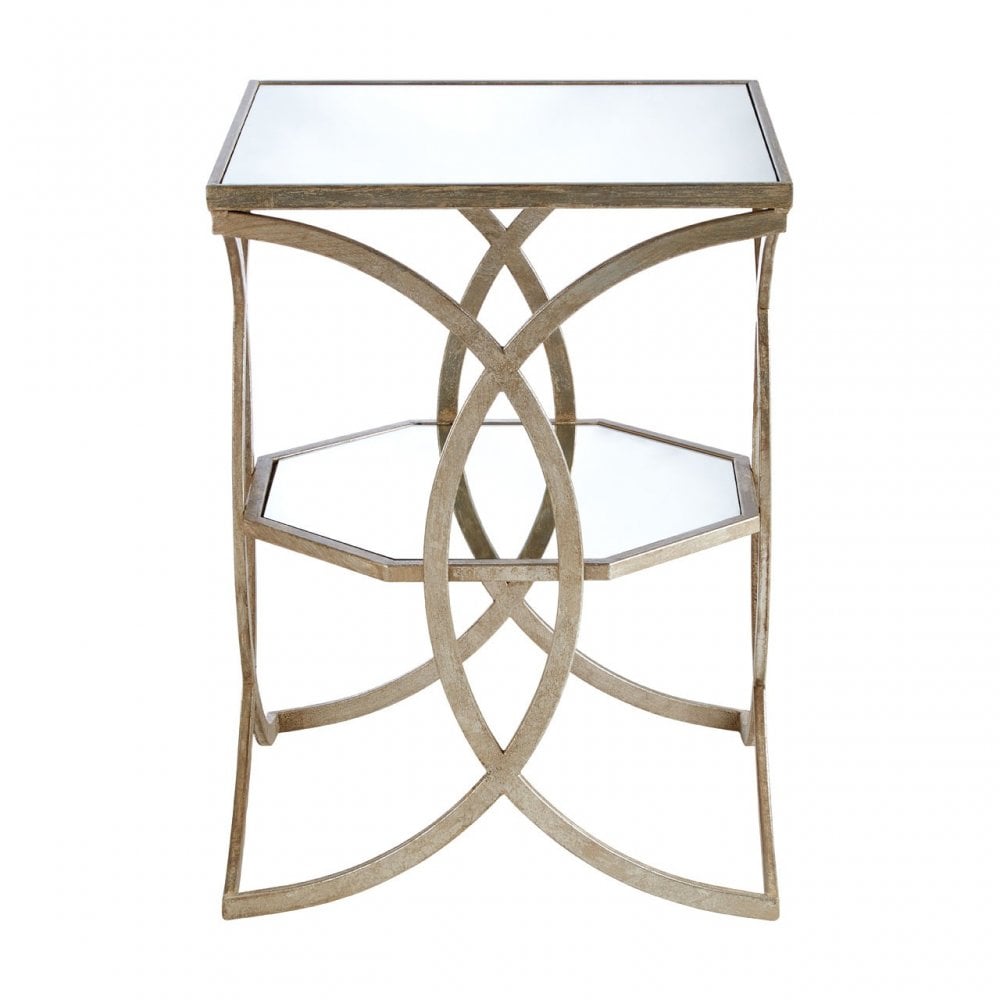 Zodiac Cross Design Side Table, Mirrored Glass, Silver