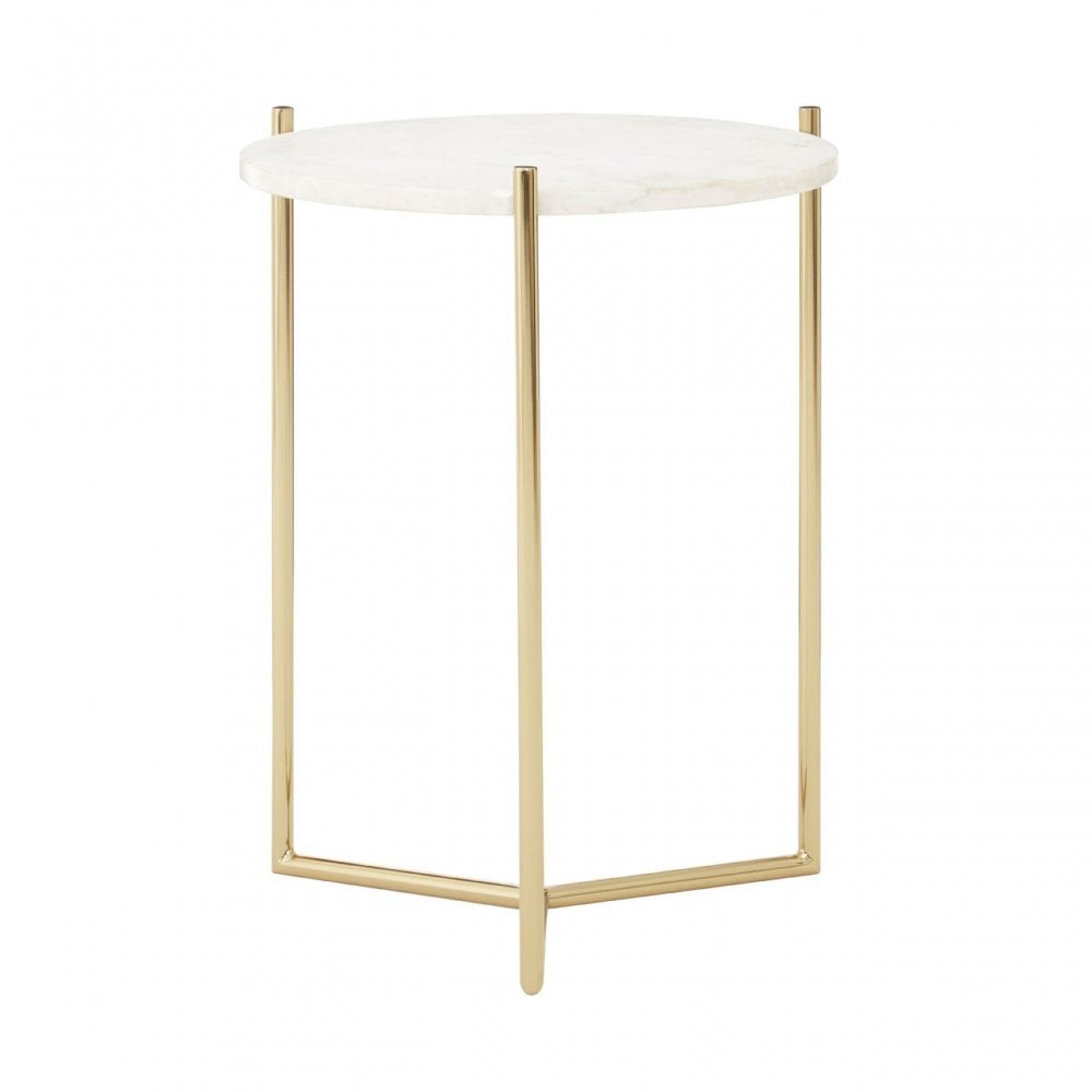Macy Round with Sleek Gold Frame Side Table, Marble, Steel, White