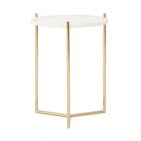 Macy Round with Sleek Gold Frame Side Table, Marble, Steel, White