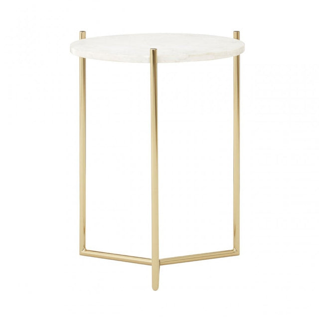 Macy Round with Sleek Gold Frame Side Table, Marble, Steel, White