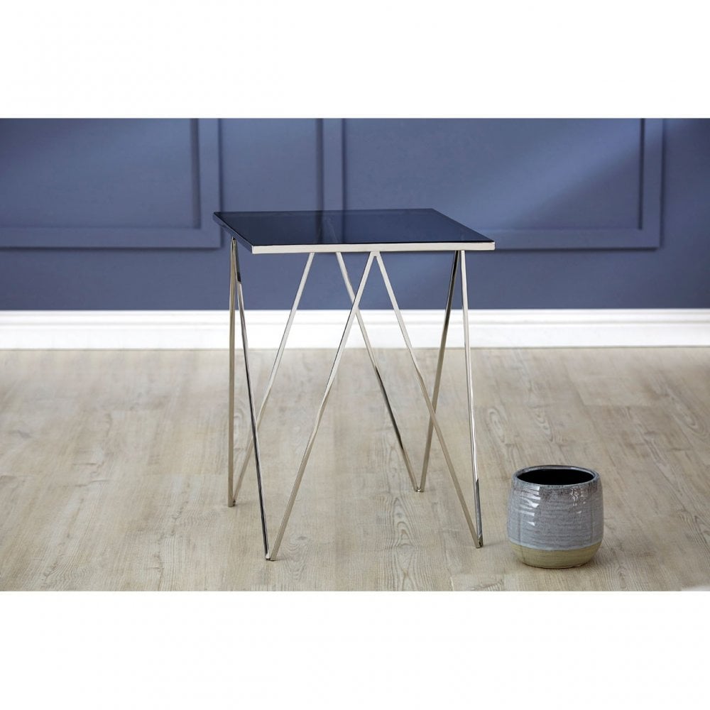 Gianna Square Triangular Side Table, Stainless Steel, Glass, Black