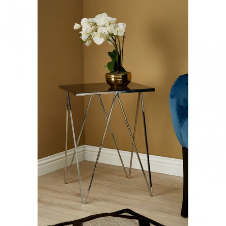 Gianna Square Triangular Side Table, Stainless Steel, Glass, Black