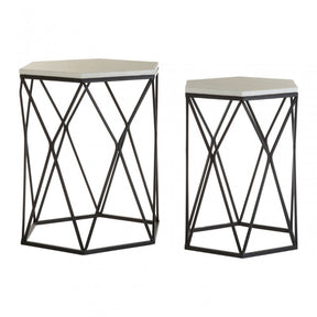 Calias White Marble / Black Steel Side Tables, Marble, Steel, Black