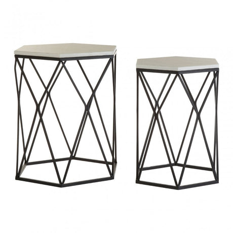 Calias White Marble / Black Steel Side Tables, Marble, Steel, Black
