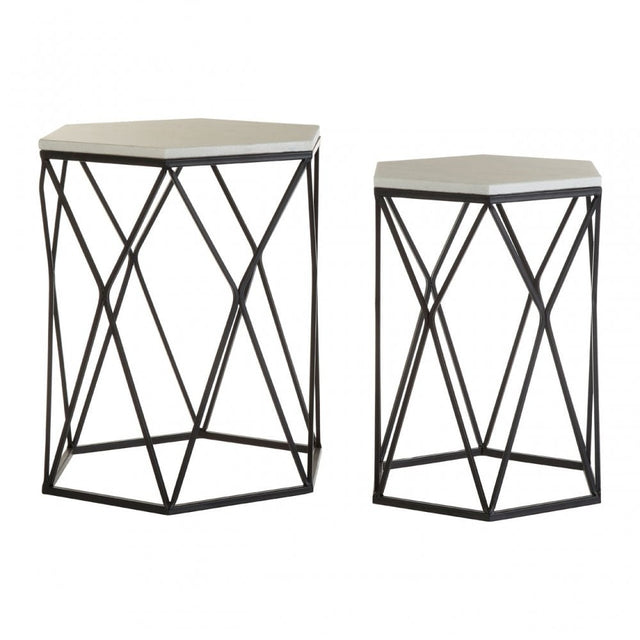 Calias White Marble / Black Steel Side Tables, Marble, Steel, Black