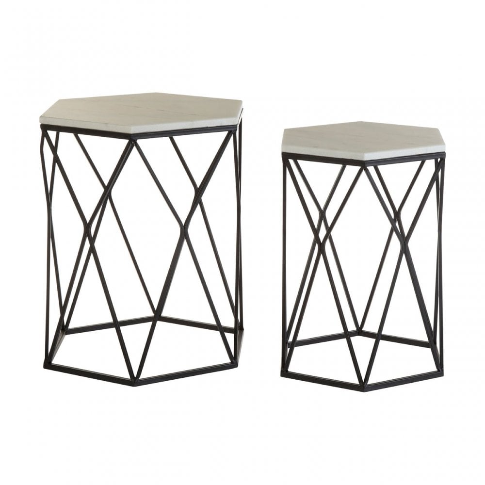 Calias White Marble / Black Steel Side Tables, Marble, Steel, Black