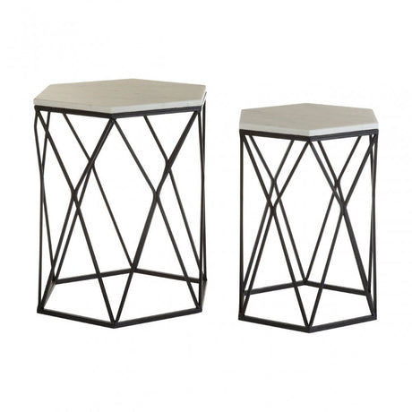 Calias White Marble / Black Steel Side Tables, Marble, Steel, Black