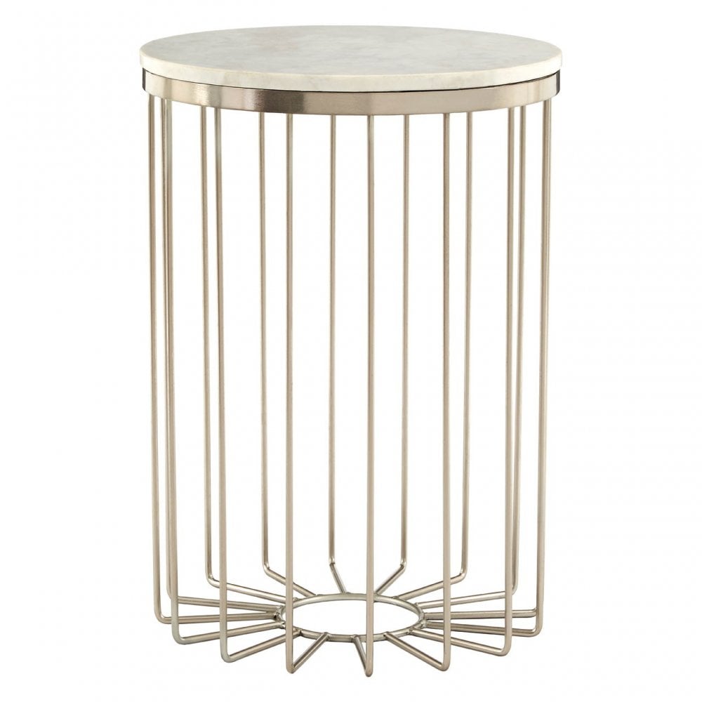 Hamish White Marble Cage Design Iron Table, Marble, Iron, White