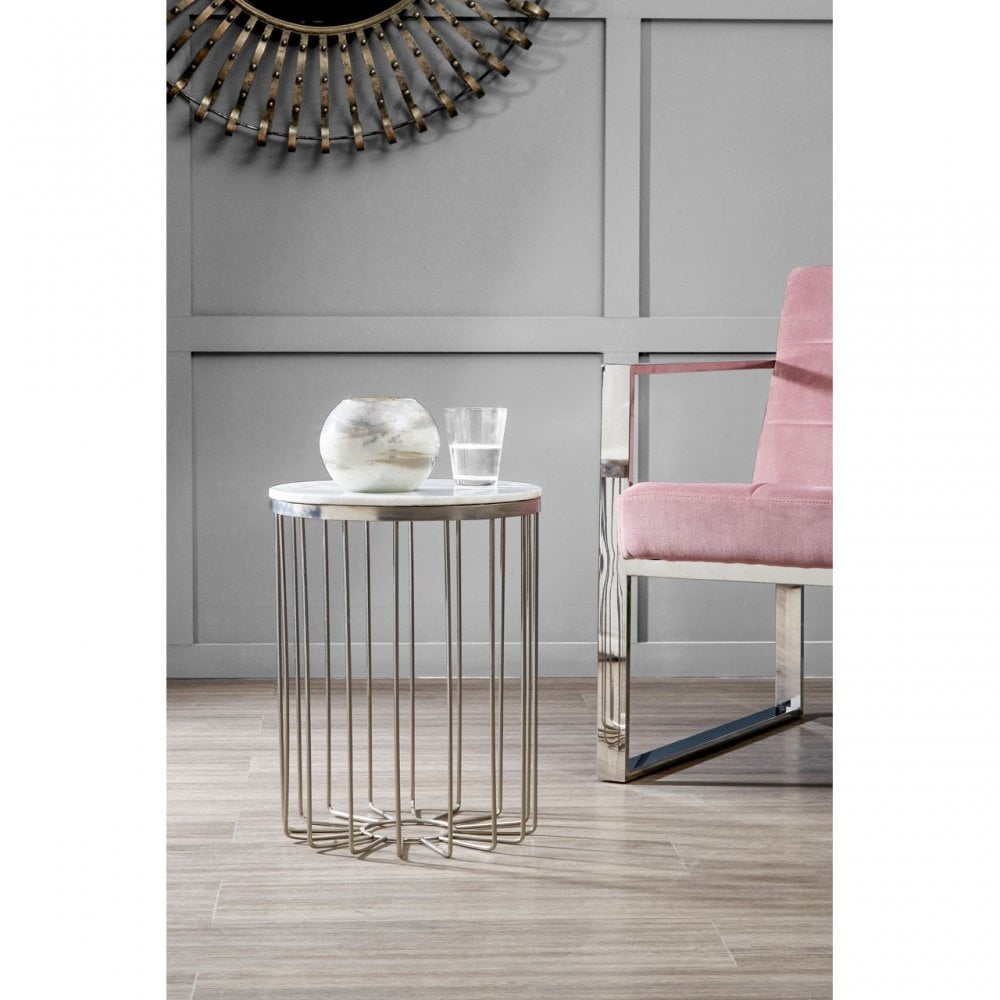 Hamish White Marble Cage Design Iron Table, Marble, Iron, White