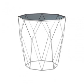 Gianna Octagonal Silver Side Table, Stainless Steel, Glass, Black