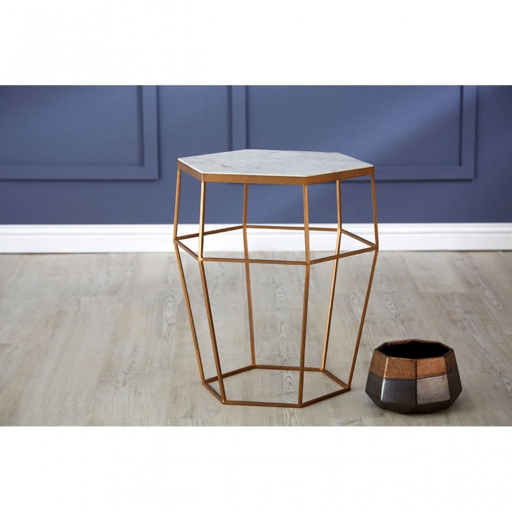 Gianna Hexagonal Marble Top Side Table, Marble, Iron, Natural