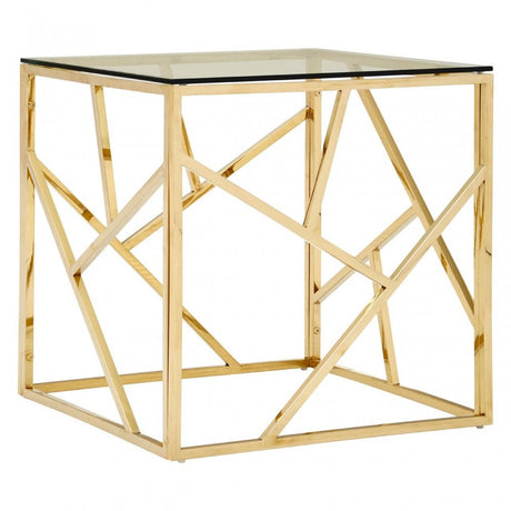 Enrich Champagne Gold Geometric End Table, Stainless Steel, Glass, Gold