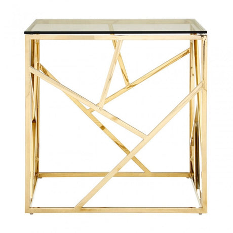 Enrich Champagne Gold Geometric End Table, Stainless Steel, Glass, Gold