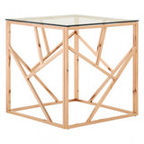 Enrich Rose Gold Geometric End Table, Stainless Steel, Glass, Rose Gold