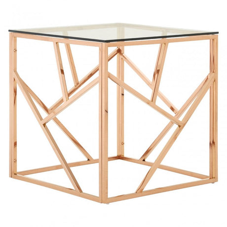 Enrich Rose Gold Geometric End Table, Stainless Steel, Glass, Rose Gold