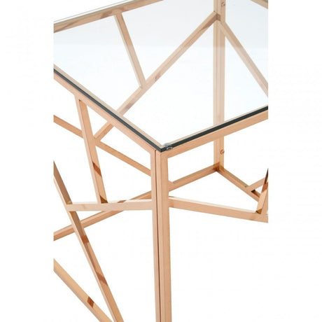 Enrich Rose Gold Geometric End Table, Stainless Steel, Glass, Rose Gold