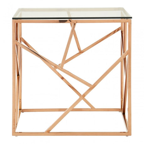 Enrich Rose Gold Geometric End Table, Stainless Steel, Glass, Rose Gold