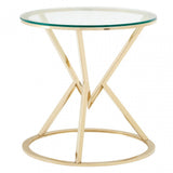 Enrich Corseted Round Champagne End Table, Stainless Steel, Glass, Gold