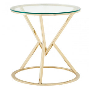 Enrich Corseted Round Champagne End Table, Stainless Steel, Glass, Gold