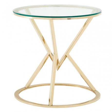 Enrich Corseted Round Champagne End Table, Stainless Steel, Glass, Gold