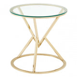 Enrich Corseted Round Champagne End Table, Stainless Steel, Glass, Gold