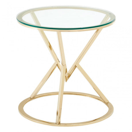 Enrich Corseted Round Champagne End Table, Stainless Steel, Glass, Gold
