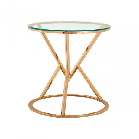 Enrich Corseted Round Rose Gold End Table, Stainless Steel, Glass, Rose Gold