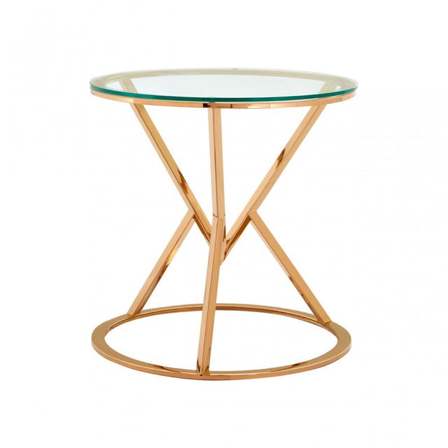 Enrich Corseted Round Rose Gold End Table, Stainless Steel, Glass, Rose Gold
