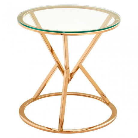 Enrich Corseted Round Rose Gold End Table, Stainless Steel, Glass, Rose Gold