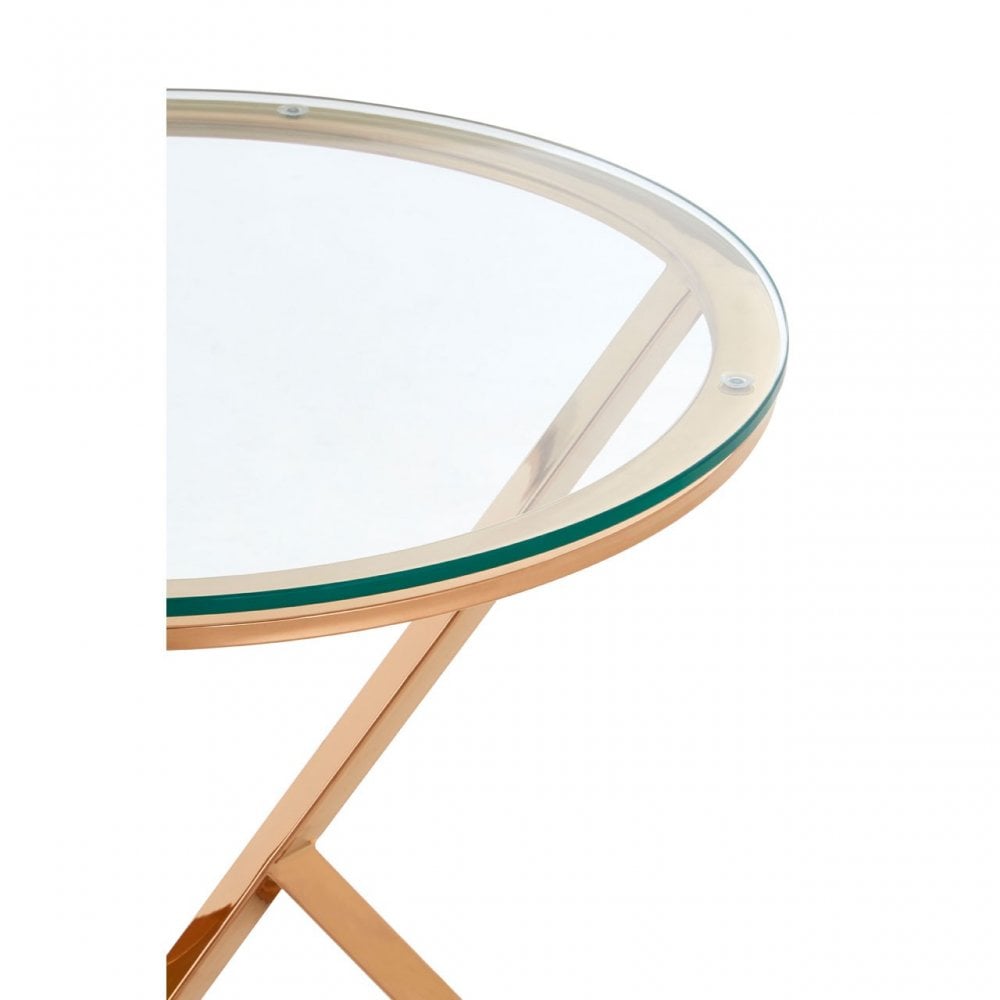 Enrich Corseted Round Rose Gold End Table, Stainless Steel, Glass, Rose Gold