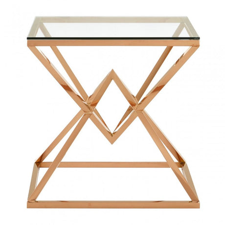 Enrich Corseted Square Rose Gold End Table, Stainless Steel, Glass, Rose Gold