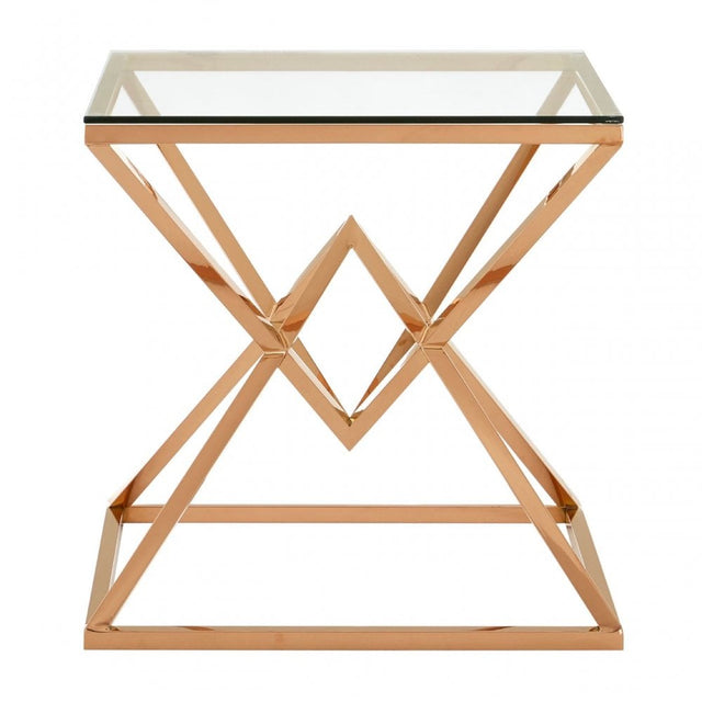 Enrich Corseted Square Rose Gold End Table, Stainless Steel, Glass, Rose Gold