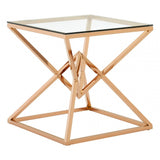 Enrich Corseted Square Rose Gold End Table, Stainless Steel, Glass, Rose Gold