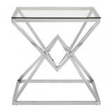 Enrich Corseted Square Silver End Table, Stainless Steel, Glass, Silver