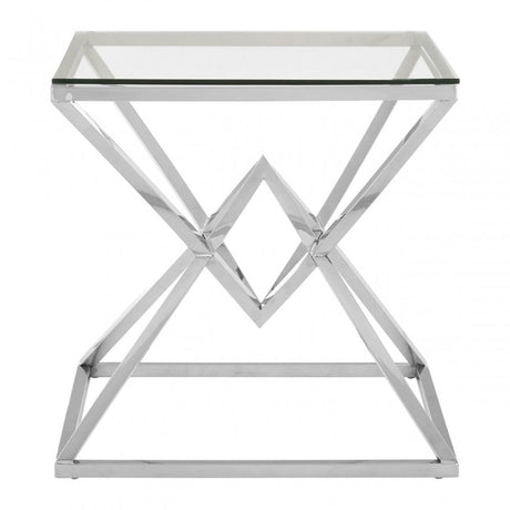 Enrich Corseted Square Silver End Table, Stainless Steel, Glass, Silver
