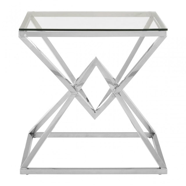 Enrich Corseted Square Silver End Table, Stainless Steel, Glass, Silver