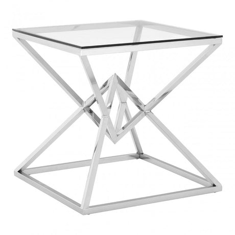 Enrich Corseted Square Silver End Table, Stainless Steel, Glass, Silver