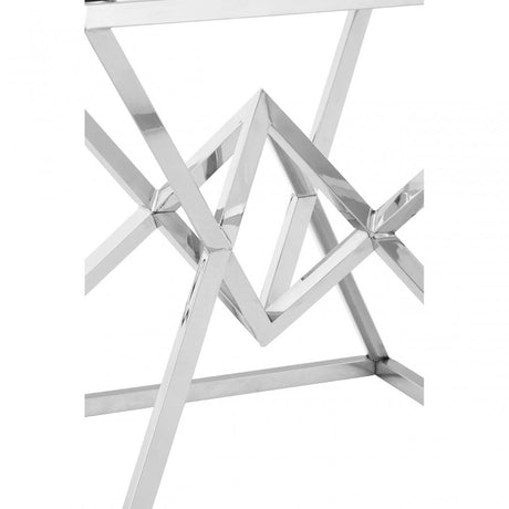 Enrich Corseted Square Silver End Table, Stainless Steel, Glass, Silver